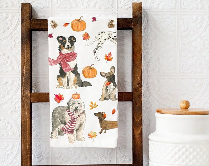 Cozy Fall Dogs Tea Towel, Fall Kitchen Decor, Autumn Dish Towel, Dogs Kitchen Towel, Fall Dishcloth, Dog Lover Gift, Fall Tea Towel