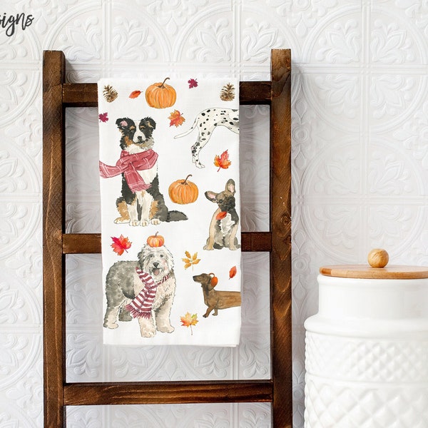 Cozy Fall Dogs Tea Towel, Fall Kitchen Decor, Autumn Dish Towel, Dogs Kitchen Towel, Fall Dishcloth, Dog Lover Gift, Fall Tea Towel