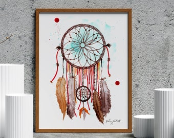 Dream Catcher Wall Art, Watercolor Painting, Dream Catcher Art Print, Native American Wall Art, Boho Dreamcatcher, Bohemian Decor
