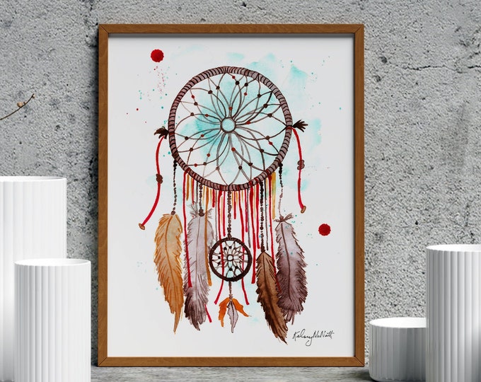 Dream Catcher Wall Art, Watercolor Painting, Dream Catcher Art Print, Native American Wall Art, Boho Dreamcatcher, Bohemian Decor