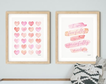 Set of 2 Blush Pink Art Prints, Fearfully and Wonderfully Made, Psalm 139:14, Kid Bible Verse Wall Art, Scripture Art Print, Pink Hearts