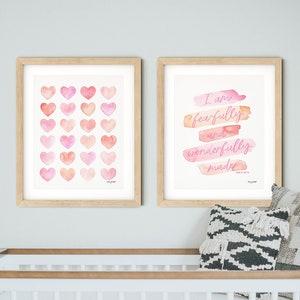 Set of 2 Blush Pink Art Prints, Fearfully and Wonderfully Made, Psalm 139:14, Kid Bible Verse Wall Art, Scripture Art Print, Pink Hearts