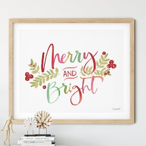 Impresión de pintura de acuarela alegre y brillante, decoración del hogar de temporada, impresión de cita de Navidad, decoración de vacaciones, cartel de Navidad, rama de pino y bayas