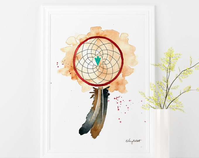 Dreamcatcher Wall Art, Dreamcatcher Poster, Arrow Head Print, Feather Art Print, Watercolor painting, Native American, Boho Dream catcher