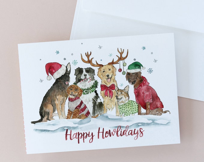 CHRISTMAS CARDS, Happy Howlidays Christmas Greeting Card, Merry Christmas, Holiday Dog Card, Christmas Dog Card, Watercolor Christmas Card