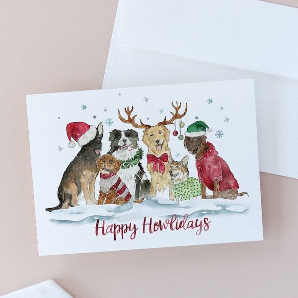 CHRISTMAS CARDS, Happy Howlidays Christmas Greeting Card, Merry Christmas, Holiday Dog Card, Christmas Dog Card, Watercolor Christmas Card