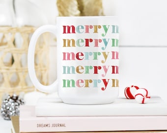 Merry Christmas Mug, Colorful Holiday Coffee Mug, Christmas Decor, 15 oz Mug, Hot Cocoa Cup, Fun Christmas Kitchen, Christmas Coffee Cup