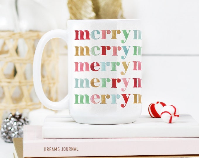 Merry Christmas Mug, Colorful Holiday Coffee Mug, Christmas Decor, 15 oz Mug, Hot Cocoa Cup, Fun Christmas Kitchen, Christmas Coffee Cup