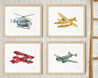 Set of 4 Airplane Art Prints, Kids Room Wall Art, Aviation Plane Nursery Decor, Watercolor Piper Cub Floatplane, Helicopter, Biplane