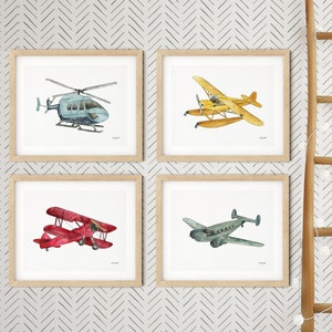 Set of 4 Airplane Prints, Kids Room Wall Art, Aviation Plane Nursery Decor, Watercolor Painting, Piper Cub Floatplane, Helicopter, Biplane