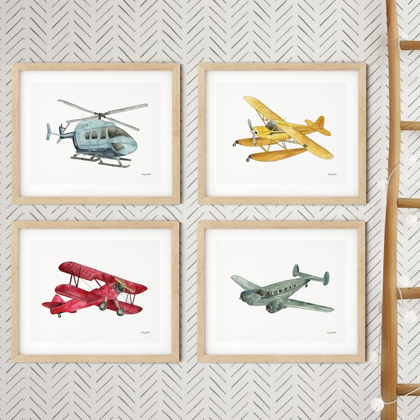 Set of 4 Airplane Prints, Kids Room Wall Art, Aviation Plane Nursery Decor, Watercolor Painting, Piper Cub Floatplane, Helicopter, Biplane