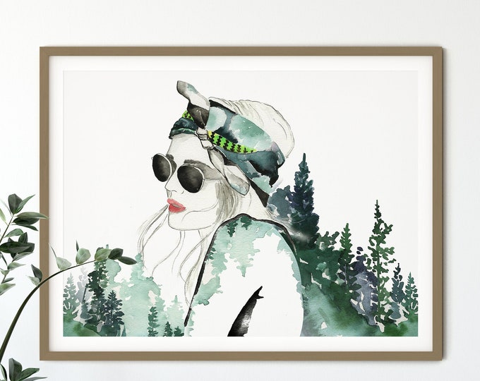 Fashion Wall Art, Fashion Art Print, Evergreen Tree Painting, Forest Watercolor Painting, Hair Bandanas, Girl Nature Bohemian Decor