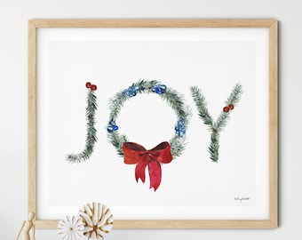 Joy Christmas Wreath Print, Holiday Decor, Joy Christmas Art Print, Watercolor Painting, Red Joy Christmas, Holiday Wall Art, Christmas Sign