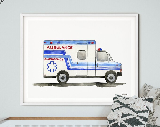 Ambulance Print Watercolor Painting, Emergency Vehicle Print, Transportation Decor, Boy Room Decor, Kids Bedroom Art, Emergency Truck Wall