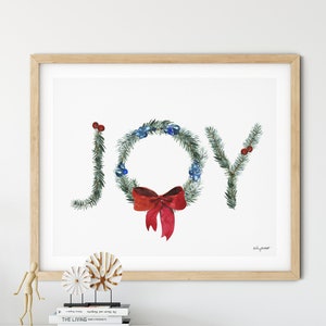 Joy Christmas Wreath Print, Decoración navideña, Joy Christmas Art Print, Pintura de acuarela, Red Joy Christmas, Holiday Wall Art, Christmas Sign