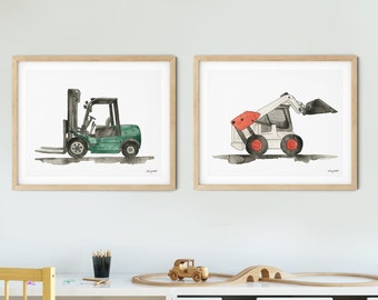 Set of 2 Construction Vehicle Wall Art, Truck Nursery, Transportation Wall Decor, Construction Vehicle Toddler Room, Forklift, Skid Steer