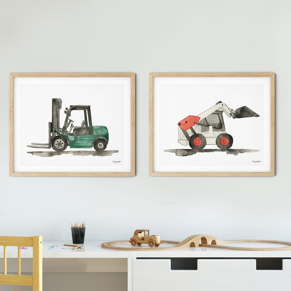 Set of 2 Construction Vehicle Wall Art, Truck Nursery, Transportation Wall Decor, Construction Vehicle Toddler Room, Forklift, Skid Steer