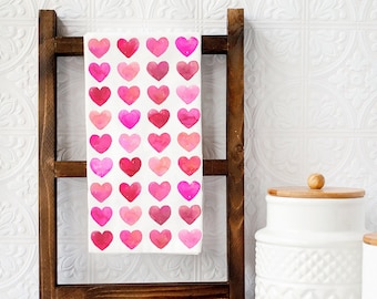 Valentines Heart Tea Towel, Holiday Kitchen Decor, Pink Heart Dish Towel, Valentine Towel, Valentines Gift, Red & Pink Heart Towel