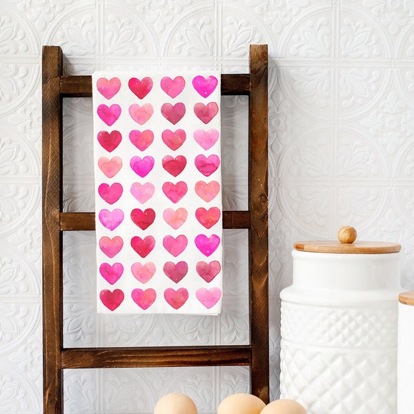 Valentines Heart Tea Towel, Holiday Kitchen Decor, Pink Heart Dish Towel, Valentine Towel, Valentines Gift, Red & Pink Heart Towel