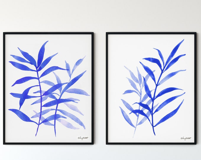 Set of 2 Fern Prints, Blue Botanical Illustrations, Leaf Watercolor Painting, Kitchen Print, Fern Plant, Herb Print, Plant Painting, Gallery