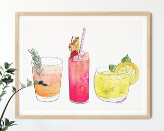 Cocktail Wall Art, Summer Drink Decor, Bar Cart Decor, Cocktail Gifts, Kitchen Decor, Kitchen Art Print, Watercolor Painting, Bar Cart Art