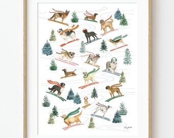 Ski Dogs Wall Art, Happy Howlidays, Holiday Dog Decor, Watercolor Painting, Skiing Art Print, Christmas Dogs