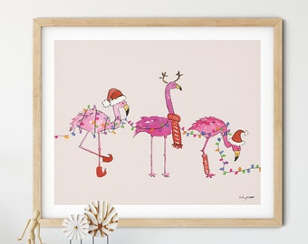Holiday Flamingos, Watercolor Painting, Seasonal Decor, Christmas Art, Holiday Decor, Christmas Bird Art, Pink Christmas, Flamingo Wall Art