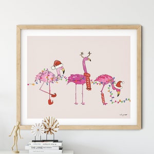 Holiday Flamingos, Watercolor Painting, Seasonal Decor, Christmas Art, Holiday Decor, Christmas Bird Art, Pink Christmas, Flamingo Wall Art