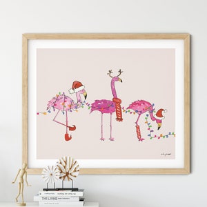 Urlaub Flamingos, Aquarell Malerei, Saisonale Dekor, Weihnachtskunst, Urlaub Dekor, Weihnachten Vogel Kunst, Rosa Weihnachten, Flamingo Wandkunst