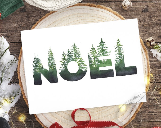 Noel Christmas Print, Pine Tree Holiday Decor, Christmas Tree Art Print, Watercolor Painting, Noel Holiday Print, Holiday Art Christmas Sign
