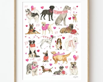 Valentines Dogs Wall Art, Valentines Day Print, Love Wall Art, Dog Lover Gift, Dog Chart Poster, Valentines Decor, Watercolor Dogs