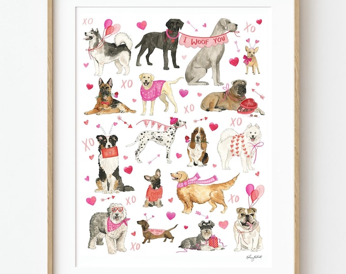 Valentines Dogs Wall Art, Valentines Day Print, Love Wall Art, Dog Lover Gift, Dog Chart Poster, Valentines Decor, Watercolor Dogs