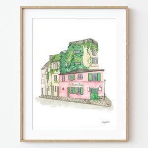 Arte mural de París La Maison Rose Cafe, pintura de acuarela de París, decoración del hogar, impresión artística de viajes, café Montmartre, impresión artística de París