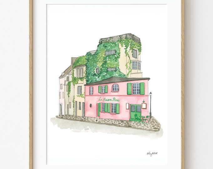 Paris La Maison Rose Cafe Wall Art, Paris Watercolor Painting, Home Decor, Travel Art Print, Montmartre Cafe, Paris Art Print