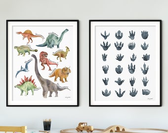 2er Set Dinosaurier Kunstdrucke, Dinosaurier Wandkunst, Dinosaurier Spuren, Dinosaurier Kinderzimmer, T-Rex-Kunst, Jungenzimmer Dekor, Dinosaurier Fußabdrücke