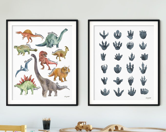 Set of 2 Dinosaur Art Prints, Dinosaur Chart Wall Art, Dinosaur Tracks, Dinosaur Nursery, T-Rex Art, Boy Room Decor, Dinosaur Foot Prints