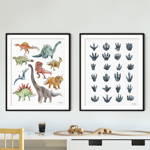 Set of 2 Dinosaur Art Prints, Dinosaur Chart Wall Art, Dinosaur Tracks, Dinosaur Nursery, T-Rex Art, Boy Room Decor, Dinosaur Foot Prints