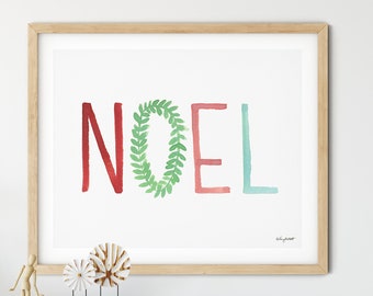 Colorful Noel Christmas Print, Holiday Decor, Pastel Christmas Art Print, Watercolor Painting, Noel Holiday Wall Art, Christmas Noel Sign