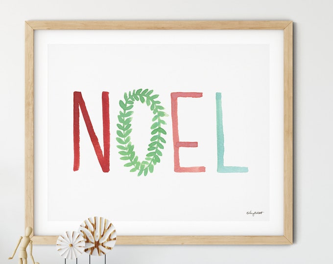 Colorful Noel Christmas Print, Holiday Decor, Pastel Christmas Art Print, Watercolor Painting, Noel Holiday Wall Art, Christmas Noel Sign