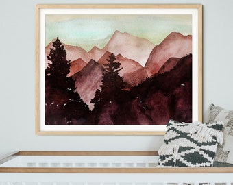 Watercolor Forest, Mountains Print, Pine Trees, Forest Print, Woodland Nursery, Rustic Cabin Home Decor, Mountain Landscape, Evergreen Trees