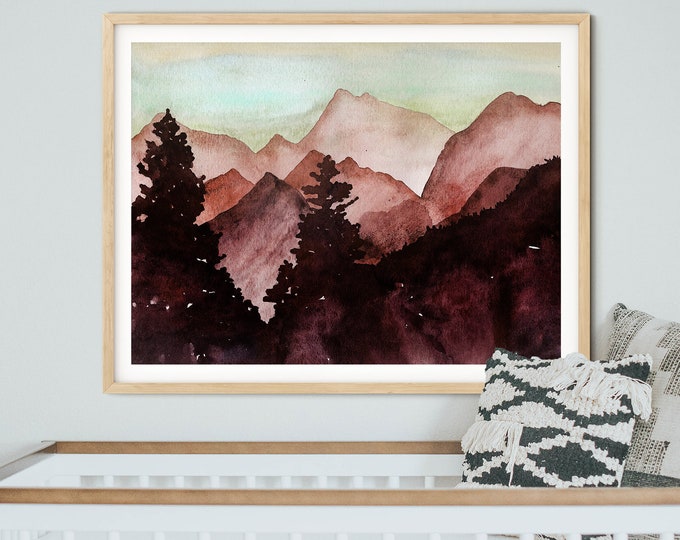 Watercolor Forest, Mountains Print, Pine Trees, Forest Print, Woodland Nursery, Rustic Cabin Home Decor, Mountain Landscape, Evergreen Trees