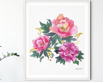 Akvarellmålning med blommig pion, väggkonst med pioner för heminredning, illustration av rosa blommor, present till henne, barnrumsinredning, barnrumsinredning,