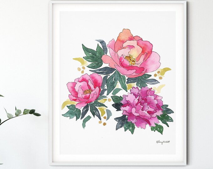 Floral Peony Watercolor Painting, Peonies home decor wall art, pink flower illustration, gift for her, nursery decor, kids room decor,