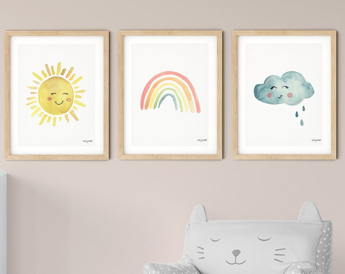 Set of 3 Sun Rainbow Cloud Printables, Rainbow Print, Girls Rainbow Wall Art, Sunshine printable, Nursery Watercolor, Sun Rainbow Download
