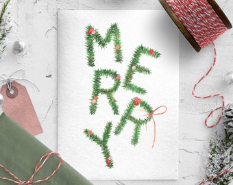 Merry Holiday Art, Pine Branch Watercolor Painting, Merry Christmas Wall Art, Holiday Decor, Christmas Art, Colorful Christmas Quote