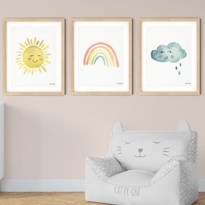 Set of 3 Sun Rainbow Cloud Printables, Rainbow Print, Girls Rainbow Wall Art, Sunshine printable, Nursery Watercolor, Sun Rainbow Download