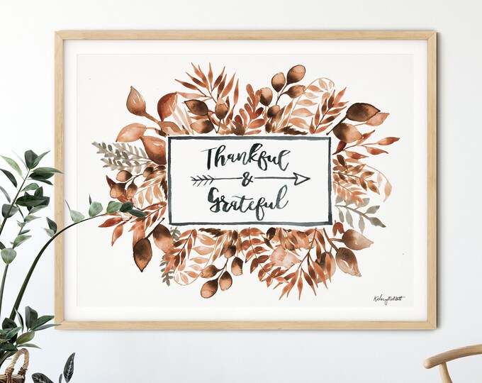 Thankful and Grateful Wall Art, Floral Wreath Watercolor Painting, Fall Art Print, Fall Grateful Wall Art, Thankful Art Print Thanksgiving