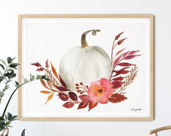 Watercolor Pumpkins Wall Art, Fall Floral Art, Fall Flower Pumpkin Art Print, Fall Farmhouse Decor, Fall wall Art, White Pumpkin Wall Art