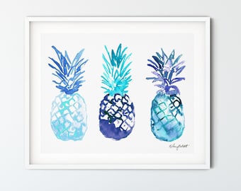Blue Pineapple Art Print, Kitchen Wall Art, Pineapple Wall Art, Watercolor Painting, Pineapple Tropical Decor, Fruit Wall Art, Kitchen Decor