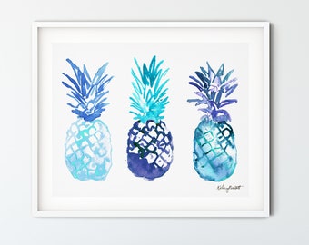 Blue Pineapple Art Print, Kitchen Wall Art, Pineapple Wall Art, Watercolor Painting, Pineapple Tropical Decor, Fruit Wall Art, Kitchen Decor